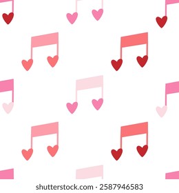 Seamless pattern with musical note with heart-shaped accents. Cute romantic melody illustration. Flat style design for Valentine's Day and love-themed concepts