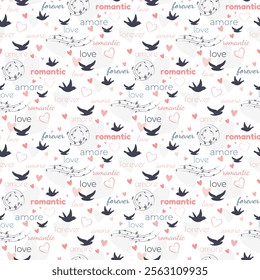 seamless pattern with musical notes, birds and different hearts