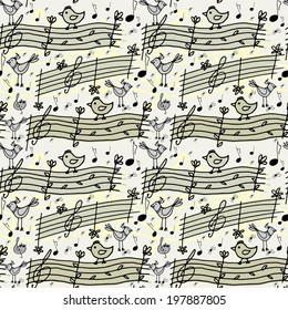 Seamless Pattern With Musical Notes And Birdsong