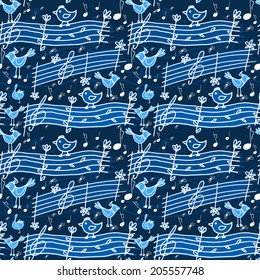 Seamless Pattern With Musical Notes And Birdsong