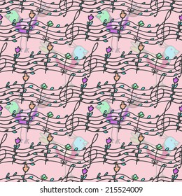 seamless pattern with musical notes and birdsong 