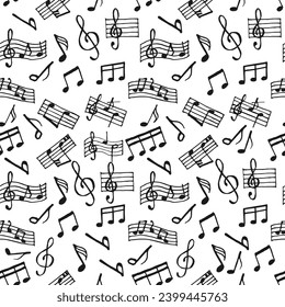 Seamless pattern of musical notes, black notes on a white background. Print, illustration, vector