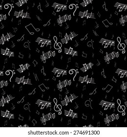Seamless pattern of musical notes with hand drawn elements of treble clef, bass clef, notes. Vector illustration.