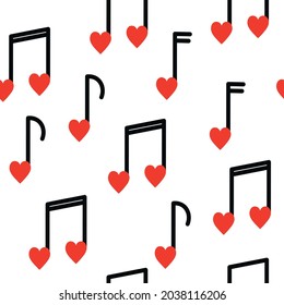 Seamless pattern with musical notes heart shaped on white background. Valentines day, romantic music melody backdrop.