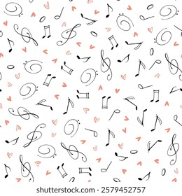 Seamless pattern with musical notes and heart shapes on white background. Valentines day, romantic music melody backdrop. Elegant seamless vector pattern with romantic and musical themes.