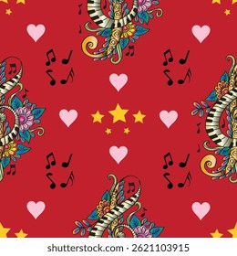 Seamless pattern with musical notes and hearts. Vector illustration.