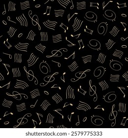 Seamless pattern with musical notes on black background. Melody backdrop. Elegant seamless vector pattern with musical theme.