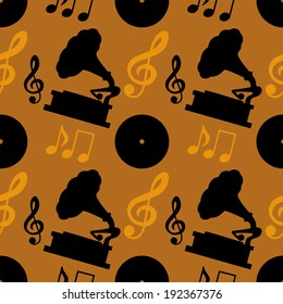 Seamless pattern with musical notes, treble clef, gramophone, vinyl record. Endless print silhouette texture. Retro. Vintage style - vector 