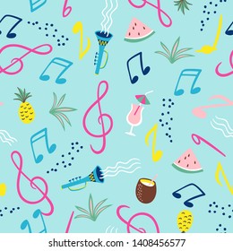 Seamless pattern with musical notes. Vector hand draw background for music festivals, summer parties. Fashion prints for clothing and decor.