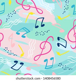 Seamless pattern with musical notes. Vector hand draw background for music festivals, summer parties. Fashion prints for clothing and decor.