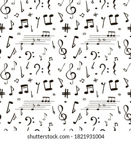 Seamless pattern with musical signs. Music note doodle. Hand drawn vector background