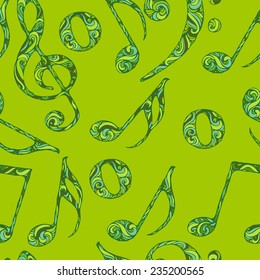 seamless pattern of musical symbols and green background