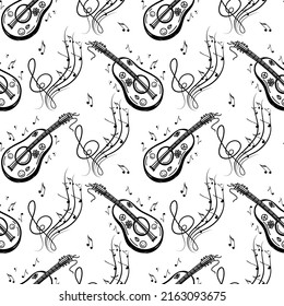 A seamless pattern of musical symbols, guitar, ukulele, notes, violin keys. Hand-drawn doodle-style elements. Vector illustration.