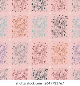 Seamless pattern with musical treble clef composition with notes and stars