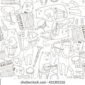 Seamless pattern with musician cats and music instruments. Cats are playing on drum, accordion, tube, guitar. Vector handdrawn illustration, cute, black and white. Kind child cartoon for kids products