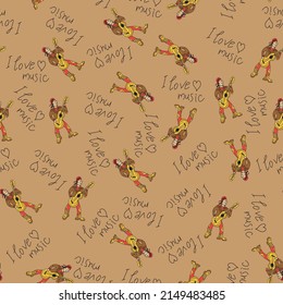 Seamless pattern. A musician with a yellow guitar in a red cap. Handwritten inscription I love music. For textile and printing products.