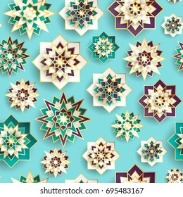 Seamless pattern for Muslim community festival Eid al Adha Mubarak beautiful greeting card with 3d paper flowers, stars. Template for menu, invitation, poster. 1439 hijri islamic new year. Muhharam.