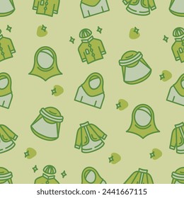 Seamless pattern of Muslim dress on green background. Vector illustration.