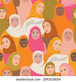 Seamless pattern with muslim women. Female diverse faces of different ethnicity.