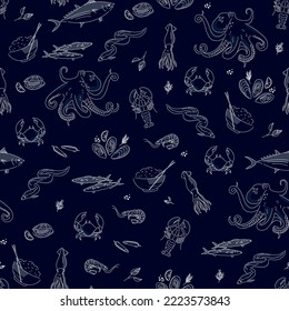 Seamless pattern with mussel, fish salmon and shrimp on blue background. Squid, anchovy, scallop, mollusk, oyster bowl with rice and tuna for product market. Vector illustration in hand drawn style