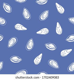 Patrón inoxidable con mejillones en estilo plano. Diseño repetitivo monocromo vectorial para tela, papel pintado o papel de envolver.  