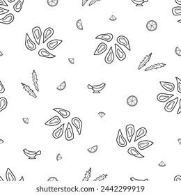 Seamless pattern of mussels, lemon and sauce doodle icon. Vector illustration seafood background, open mussel shells.