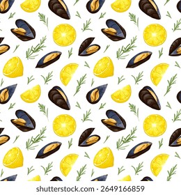 Seamless pattern with mussels, lemon slices and rosemary. Hand drawn vector illustration. Great for kitchen decor, wrapping paper, tablecloths, food-themed textiles and Mediterranean prints