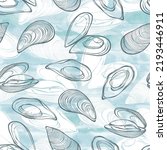 Seamless  pattern with mussels on blue watercolor background. Food vector Illustration. Templates for menu design, packaging, restaurants and catering. Hand drawn images.