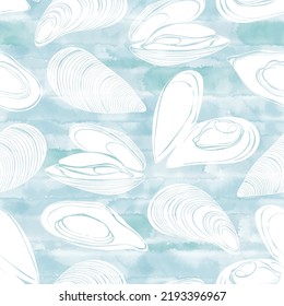 Patrón sin mar con mejillones sobre fondo de color azul. Ilustración del vector alimentario. Plantillas para el diseño de menús, empaque, restaurantes y restauración. Imágenes dibujadas a mano. Silhouettes.