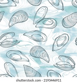 Seamless  pattern with mussels on blue watercolor background. Food vector Illustration. Templates for menu design, packaging, restaurants and catering. Hand drawn images.