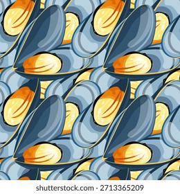 Padrão sem emenda com mexilhões em uma concha, tema de frutos do mar, desenhado à mão, ilustração vetorial limpa, linhas delicadas, design simples e moderno, isolado no fundo branco, vetor