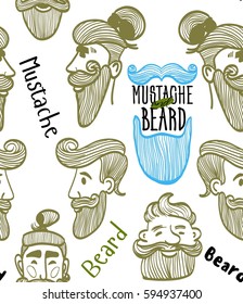 seamless pattern of a mustache and beard, funny men, the words mustache, beard