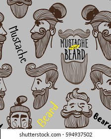 seamless pattern of a mustache and beard, funny men, the words mustache, beard