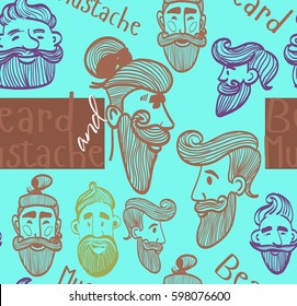 seamless pattern of a mustache and beard, funny men, the words mustache, beard