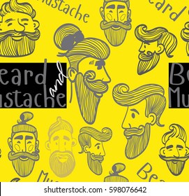 seamless pattern of a mustache and beard, funny men, the words mustache, beard