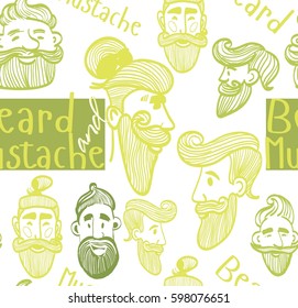 seamless pattern of a mustache and beard, funny men, the words mustache, beard