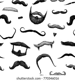 seamless pattern mustache and funny beard of men, hipster and retro barber or hairdresser on transparent background. engraved hand drawn in old sketch, vintage style for packaging and signage.