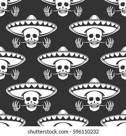 Seamless pattern with mustache human skull in sombrero and cross hands. Vector illustration