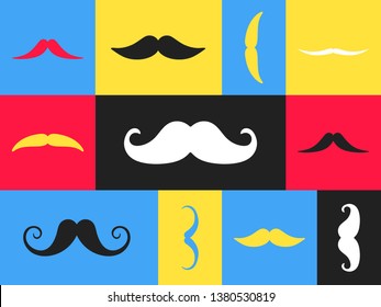Seamless pattern with mustaches flat style design vector illustration. Black mustaches isolated on square color shapes background.