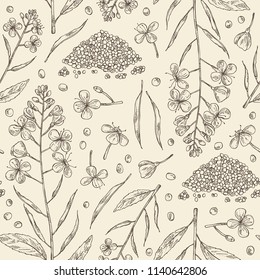 Seamless pattern with mustard: plant, mustard seeds, flower, leaves and pod. Dijon mustard. Vector hand drawn illustration.