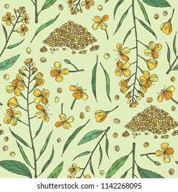 Seamless pattern with mustard: plant, mustard seeds, flower, leaves and pod. Dijon mustard. Vector hand drawn illustration.