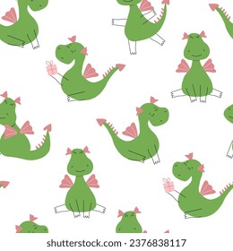 Seamless pattern with mutant cute dragons with wings. Abstract fantasy animals in different poses. Vector graphics.