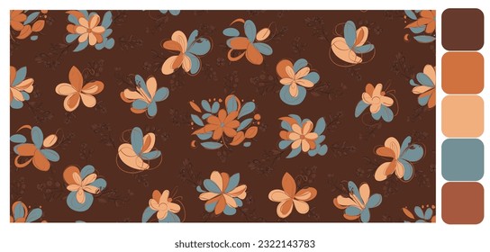 Seamless pattern muted color Korea flower Contemporary Liberty feminine botanical floral branch. Hand drawn wedding herb, minimalistic flowers with elegant leaves. Half drop repeat pattern.