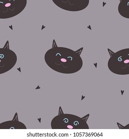 Seamless pattern from the muzzle of cats and black hearts on a gray background
