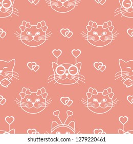 Seamless pattern with muzzle of cats in carnival masks, glasses, tie, bows, headbands and hearts. Greeting card happy Valentine's Day. Romantic background. Carnival festive concept.