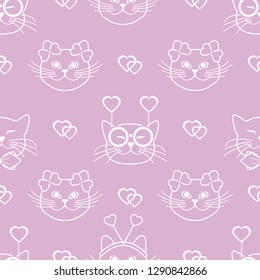 Seamless pattern with muzzle of cats in carnival masks, glasses, tie, bows, headbands and hearts. Greeting card happy Valentine's Day. Romantic background. Carnival festive concept.