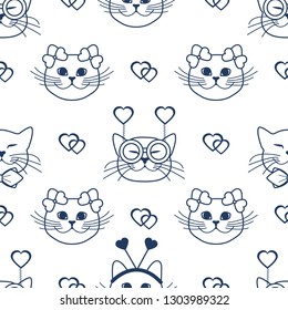 Seamless pattern with muzzle of cats in carnival masks, glasses, tie, bows, headbands and hearts. Greeting card happy Valentine's Day. Romantic background. Carnival festive concept.