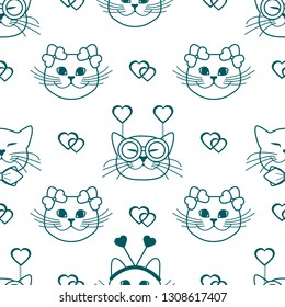 Seamless pattern with muzzle of cats in carnival masks, glasses, tie, bows, headbands and hearts. Greeting card happy Valentine's Day. Romantic background. Carnival festive concept.