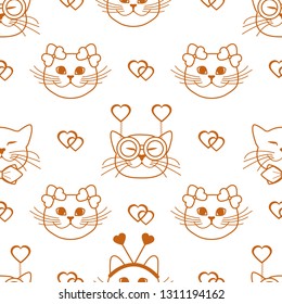 Seamless pattern with muzzle of cats in carnival masks, glasses, tie, bows, headbands and hearts. Greeting card happy Valentine's Day. Romantic background. Carnival festive concept.