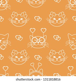 Seamless pattern with muzzle of cats in carnival masks, glasses, tie, bows, headbands and hearts. Greeting card happy Valentine's Day. Romantic background. Carnival festive concept.